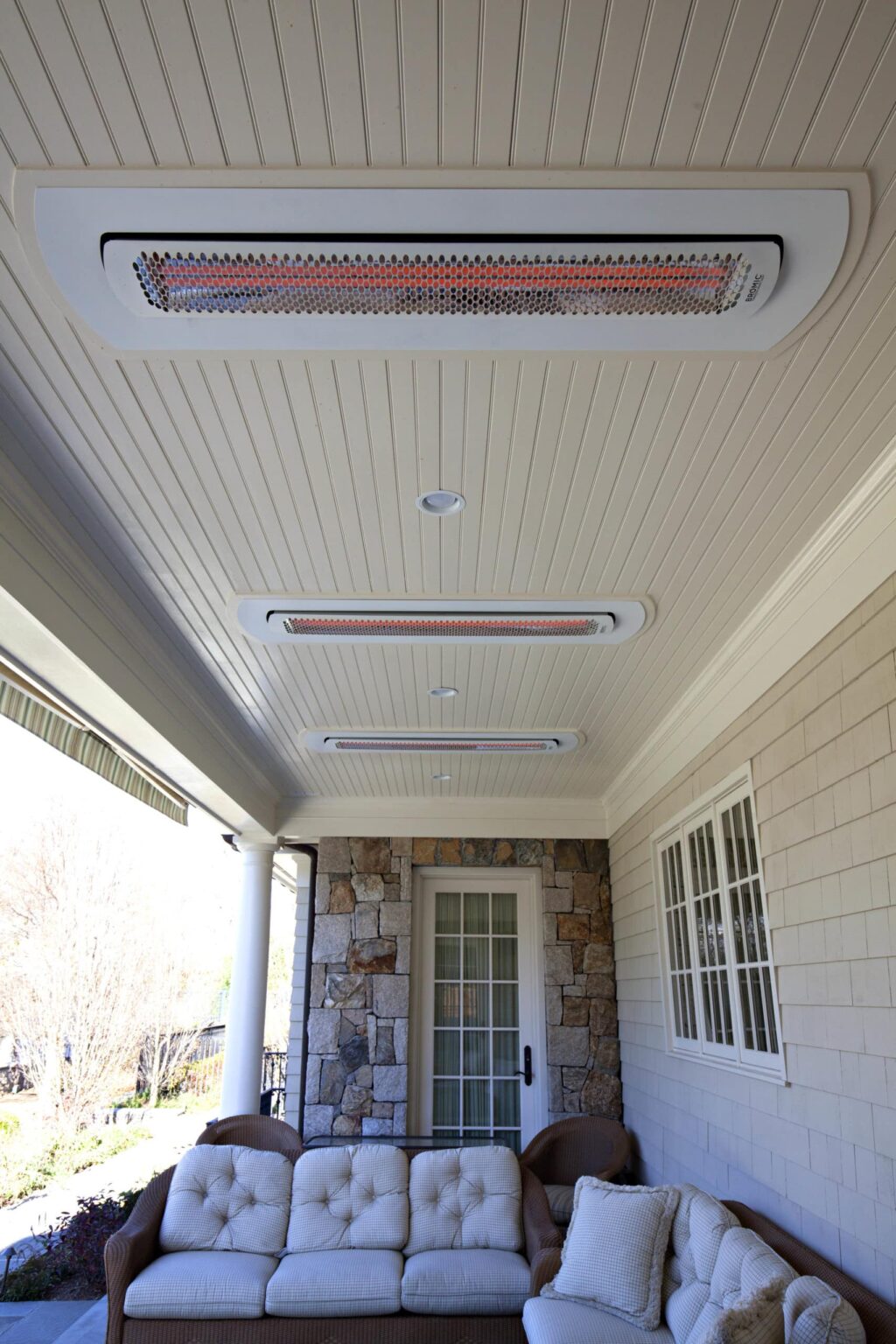 White Electric Heater Recessed into Ceiling on Porch